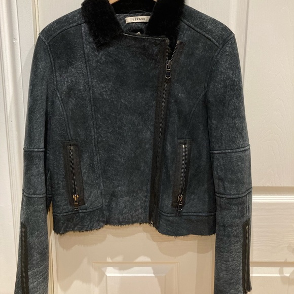 J Brand Lana Navy Shearling Cropped Jacket Coat- size medium - Picture 2 of 5